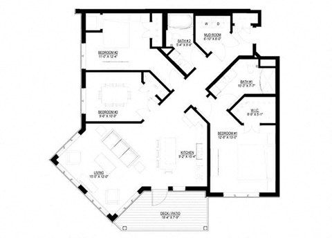 Floor plan for 3 beds, 2 baths, 1349 sqft